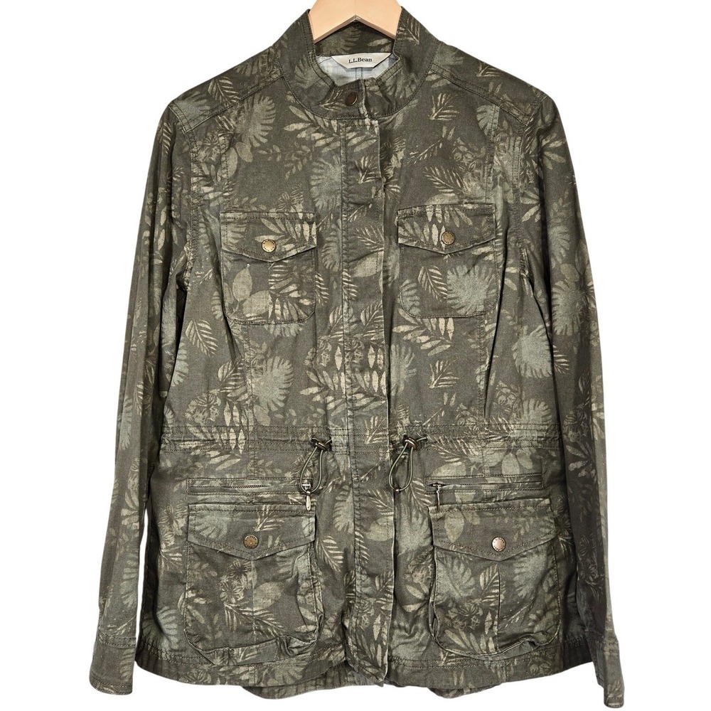 LL Bean Utility Jacket Women Olive Green Floral Print Drawstring Pockets Size M